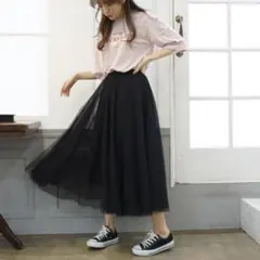【美品】DONOBAN チュールロングスカート ふんわり フレア ウエストゴムのサムネイル