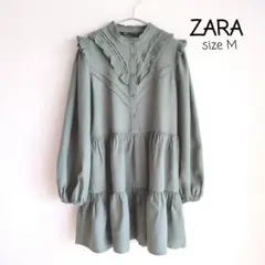 ZARA フリルティアードワンピース チュニックワンピース セージグリーン