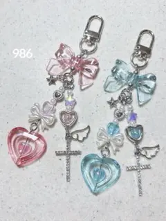 ビーズキーホルダー ピンク 青 水色 リボン ハート 韓国 y2k 羽 2点