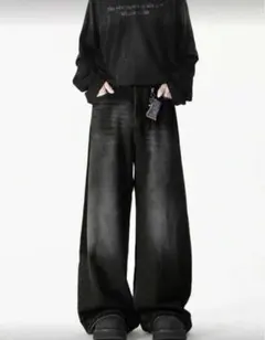 メンズ、レトロビンテージ ウォッシュワイドレッグ ブラック