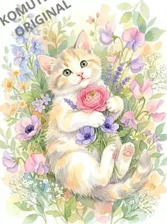可愛い子猫の水彩画風デジタルアート　2L判