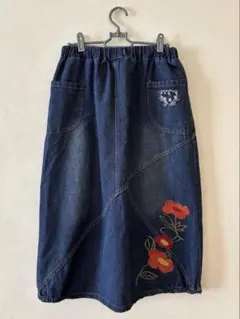 森ガール♡刺繍のお花が可愛いデニムスカート♡リメイク M〜Lサイズ
