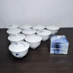 村田亀水 作 染付 蘭文 蓋付き 煎茶碗 十客＆吹墨 重香合 蓋物 セット 村田亀水 作 染付 蘭文 蓋付き 煎茶碗 十客＆吹墨 重香合 蓋物 セット
