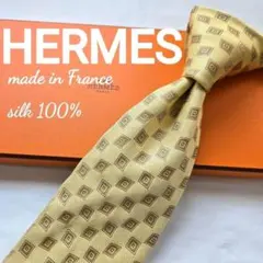 美品 HERMES ブルー チェーン チェック ネクタイ ブルー シルク100