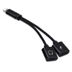 b) iPhone 充電 イヤホン 二股充電ケーブル 黒色 二又ケーブル