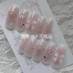 【ネイルチップ現品】チーク韓国ワンホンバレリーナバレンタインリボン春ピンクＢ級品
