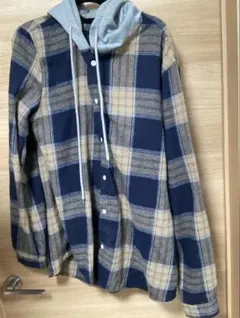 フード付きチェックシャツ ネイビー ベージュ