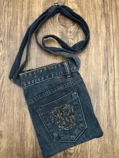 リメイクデニム サコッシュ ショルダーポーチ ポシェット ラインストーン G