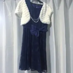 膝丈ドレス　ファーボレロ　パニエ　セット　ブルー　結婚式　パーティ　発表会