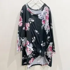 チュニック 花柄 ラウンドネック 七分袖 ツイスト ビッグサイズ XXL