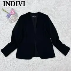 【美品】INDIVI ノーカラージャケット 38 ウォッシャブル ストレッチ素材