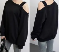 オフショル ブラック トレーナー ゆるだぼ 韓国ファッション