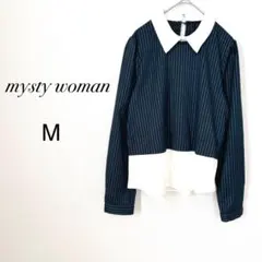 ミスティウーマン　襟付きトップス ストライプ柄 異素材切替 ブラウス 緑　M