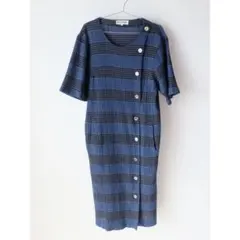 USED 古着 ネイビー ブラック チェック シワ加工 半袖 ワンピース