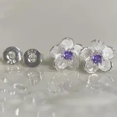 高級 CZダイヤ 繊細 ミニ 桜 フラワー S925 シルバー ピアス＊パープル