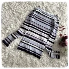 【ミッシェルクラン】ボーダー リブニット 袖口飾りボタン付き ／38 キレイめ