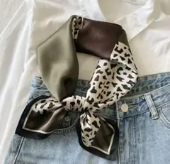 スカーフ 多機能 シルク風素材 新品未使用【レオパード グリーン ブラウン】