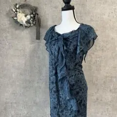 【フリルワンピース】ダークグリーン　半袖レース　M 総柄　薄手　タイト　花柄