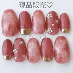 現品8番☆ネイルチップ もやもやニュアンスブラウンミラーフレンチフラワーキレイめ