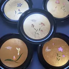야마나카 칠기 명판 5장 세트 금박 동백 접시 모듬 꽃 로만 나비와 꽃 미사용