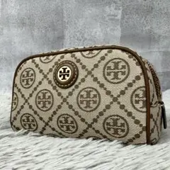 美品 TORY BURCH キャンバス ポーチ モノグラム ファスナー ブラウン
