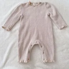 MONBEBE ベージュ リブ編みロンパースL