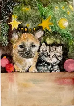 子犬と子猫　ワンニャンクリスマス　水彩画　原画