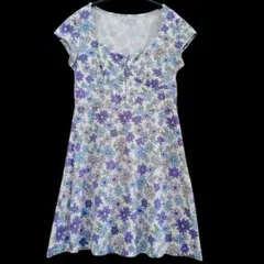 ワンピース 【М】ホワイト ブルー 花柄 半袖 ワンピース 古着 フレア