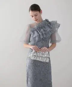【LEJA】3WAYチュールラッフルフラワースパンコールIラインワンピースドレス