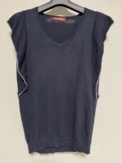 MaxMara Studio ネイビー Vネックノースリーブニット Mフリル