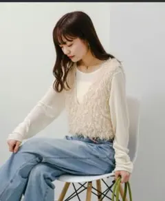 カスタネ　ファーショートベスト　アイボリー