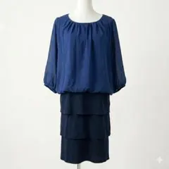 異素材ドッキングワンピース LL 大きいサイズ ティアードフリル 紺