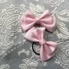 ペールピンク サテンリボンヘアゴム 2個セット