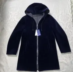 本革 リアル ムートン EU 羊毛 コート フード レザー 濃紺 L 高級 細身