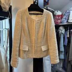 アイボリー ノーカラー ツイードジャケット