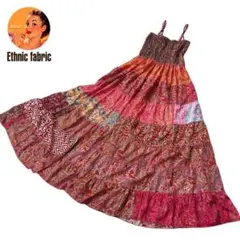 【SALE】【新品】キャミソールワンピース　ティアード　パッチワーク　レッド系