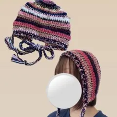 【一点物】ハンドメイド ボンネット バラクラバ ニット帽 ピンク ネイビー