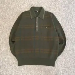 Vintage ニット ポロシャツ ウール グリーン チェック柄 レトロ