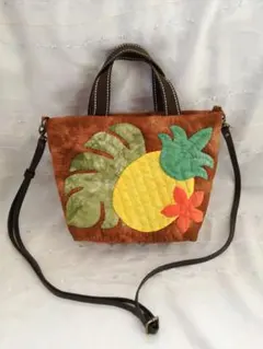 *お値下げ*175.ハワイアンキルト・ミニトート・パイナップル&モンステラ