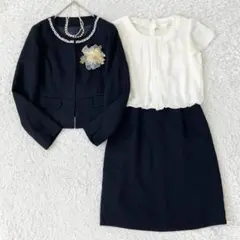 極美品✨セットアップ ノーカラー ワンピース 大きいサイズ 13号 XL 紺 白