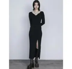 EMODA エモダ カーブネックリブスリットワンピース ブラック ニットワンピ