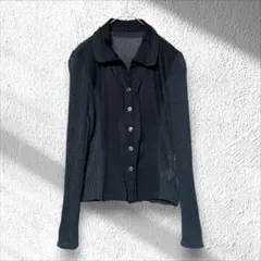 【CORDIER】異素材 リブニット シャツカラートップス 日本製 黒 40のサムネイル
