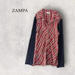 【ZAMPA】ザンパ チェック柄 シアー切替シャツ 赤×黒 袖透け感 M