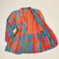 美品 マルチカラー チェックジャケット 派手柄 コットン 個性派 裏地付 海外