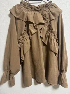 フリル付きブラウン長袖ブラウス 4L