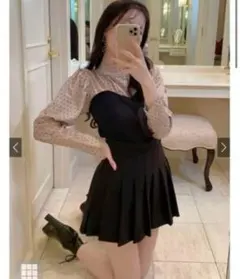 GRL 異素材ハート切替 ドット柄 モックネックブラウス [rut679]