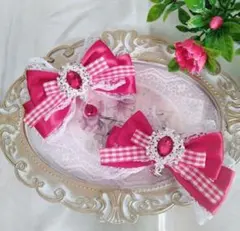 リボン ヘアクリップ 左右2個セット 量産型 地雷系 赤 チェック