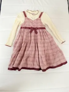 axes femme キッズ　チェック柄リボン付き長袖ワンピース