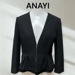 ANAYIノーカラージャケット　ペプラム　ブラック　日本製　M セレモニー