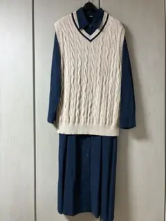 ロングシャツワンピース ケーブル編みニットベストセット